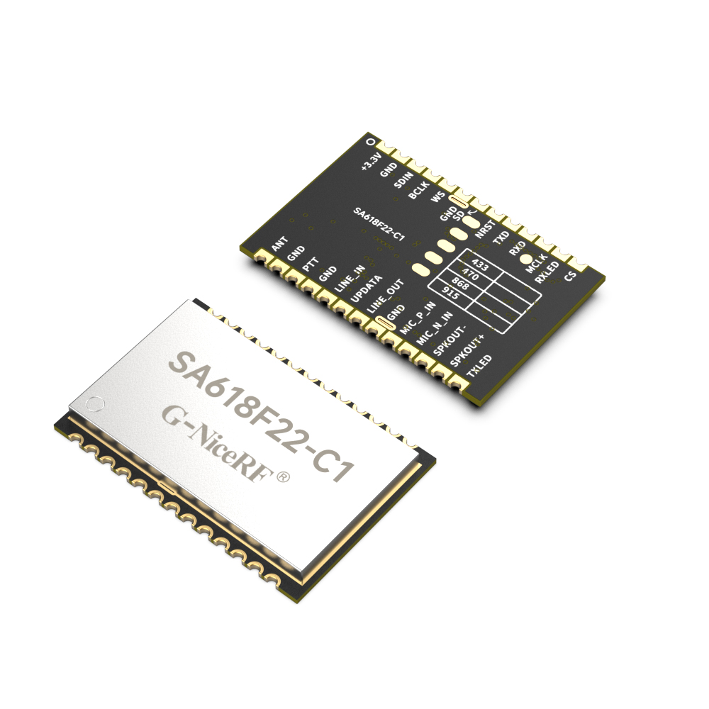 SA618F22-C1是我司一款升級(jí)版的無(wú)線(xiàn)數(shù)字和音頻二合一的全雙工傳輸模塊，具有更短的延時(shí)時(shí)間，同時(shí)支持8人同時(shí)高音質(zhì)通話(huà)。模塊支持多路并發(fā)并收功能，支持多級(jí)的中繼遠(yuǎn)傳、空中升級(jí)或者串口升級(jí)。模塊采用了寬帶擴(kuò)頻技術(shù)，具有功耗低、距離遠(yuǎn)、頻率調(diào)節(jié)靈活等特點(diǎn)。