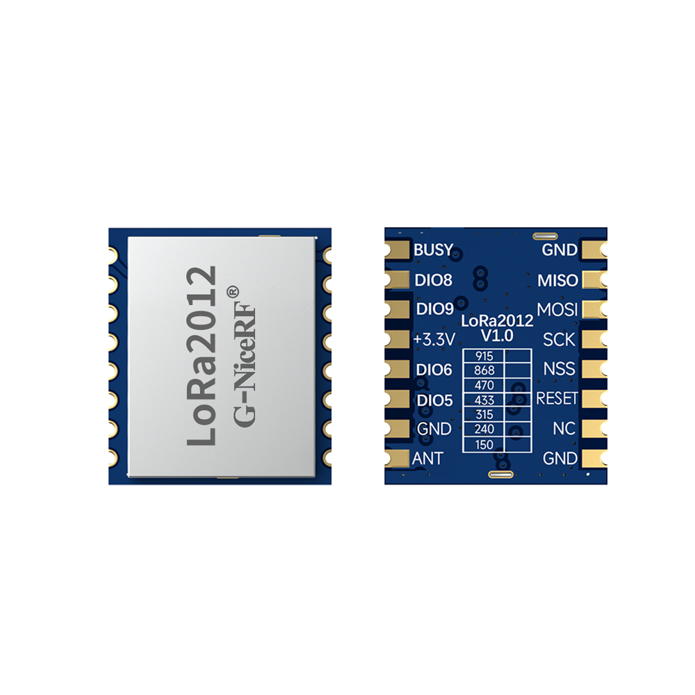 LoRa2012 LoRa無線通信模塊正反面對比圖，展示屏蔽罩和接口引腳絲印